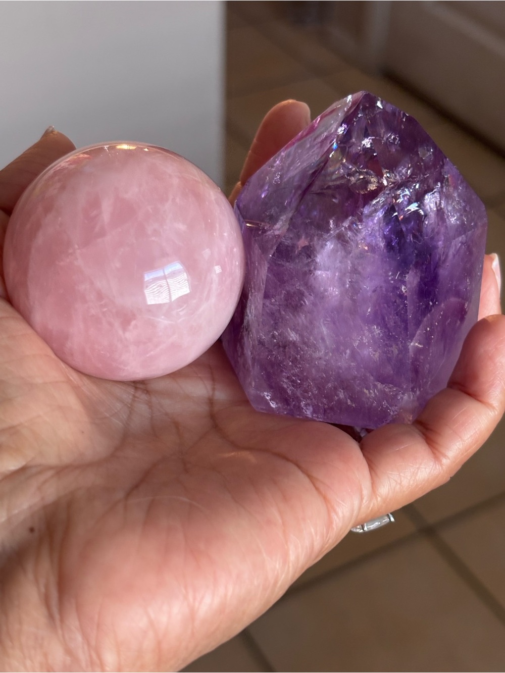 Natural Amethyst Polished Crystal Point + Rose Quartz Sphere Pair Healing